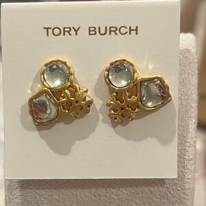Tory Burch Roxanne Cluster Stud Earrings in rolled brass w/light grayish stones.